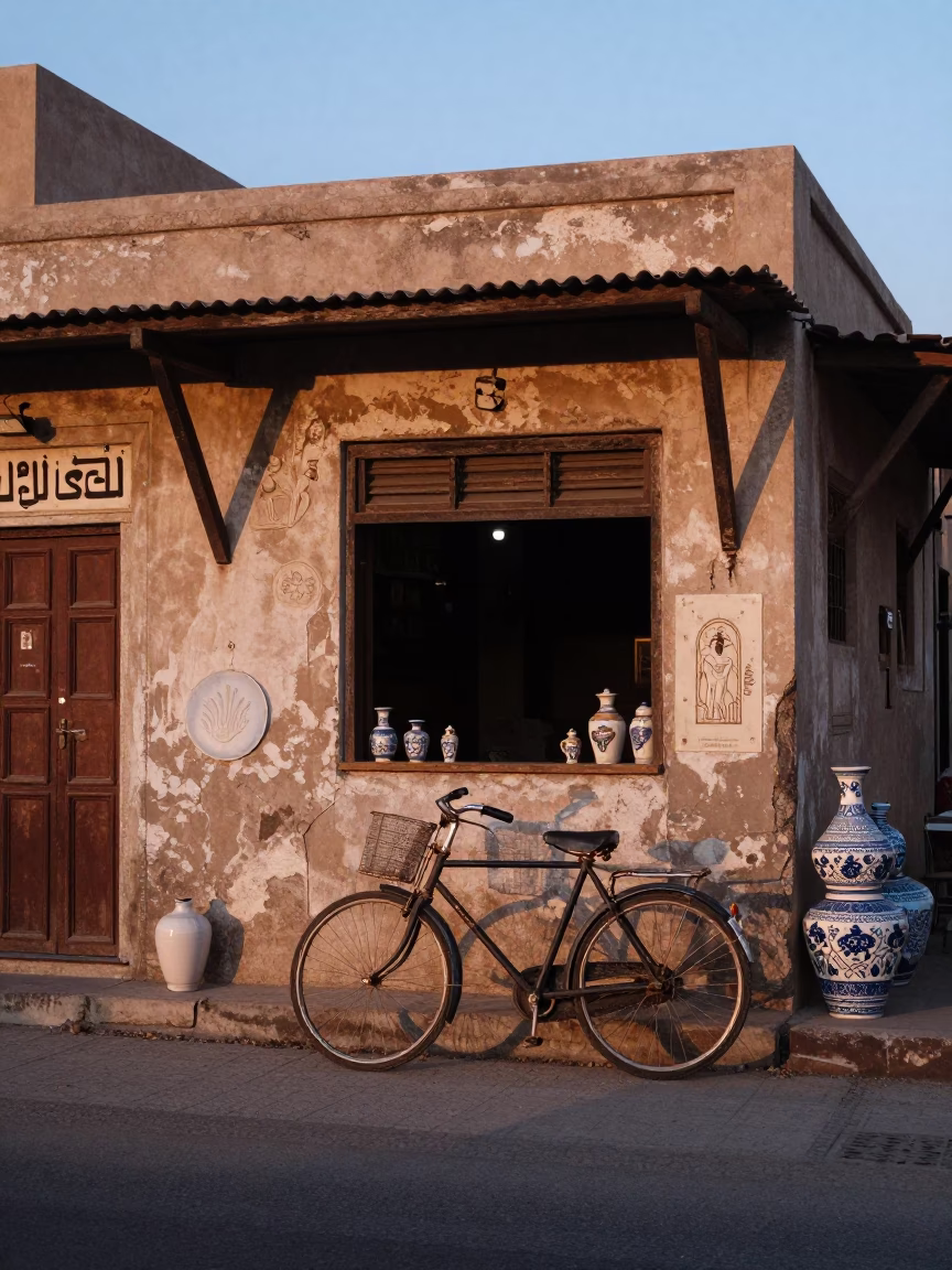 Luxor Egypt Nautical Dawn Street Scene with Bicycle and Ceramic Tiles in in Luxor, Egypt