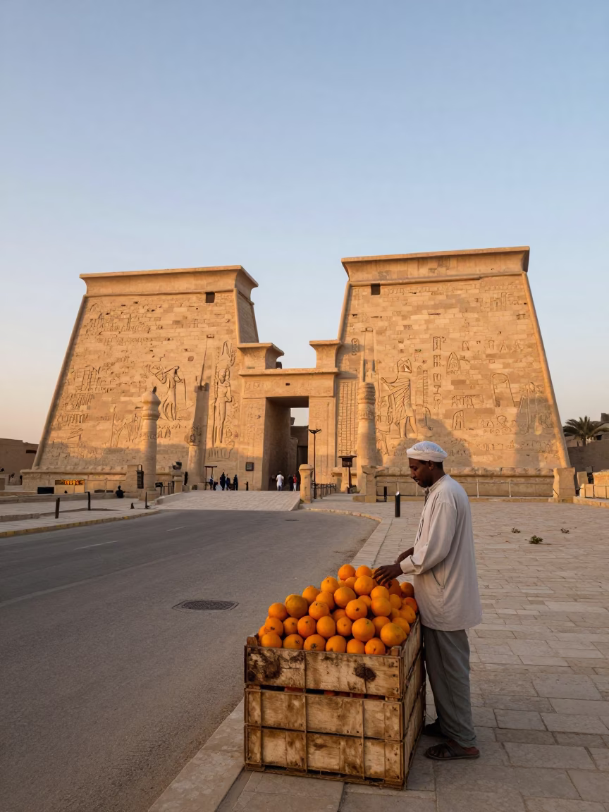 Luxor Egypt Nautical Dawn Street Scene with Fruit Crate and Local Vendor in in Luxor, Egypt