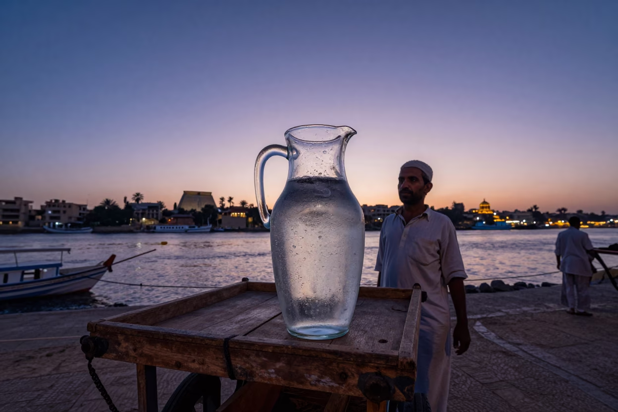 Luxor Egypt Nautical Dawn Street Scene with Glass Pitcher and Olive Dish in in Luxor, Egypt