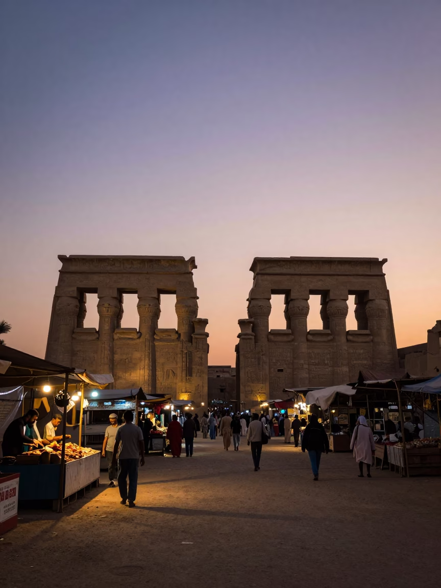 Luxor Egypt Nautical Dawn Street Scene with Local Market Activity and Traditional Architecture in in Luxor, Egypt