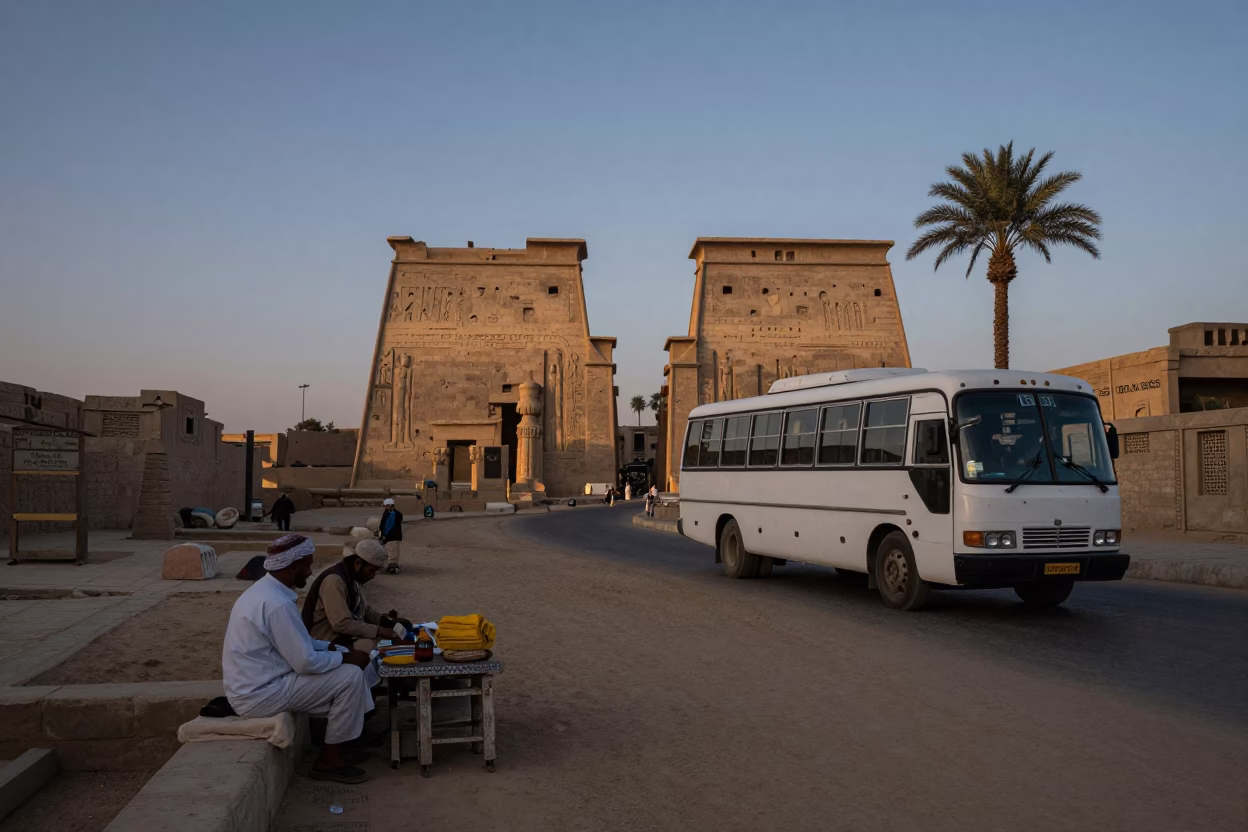 Luxor Egypt Nautical Dawn Street Scene with Local Vendor and Classic Bus in in Luxor, Egypt