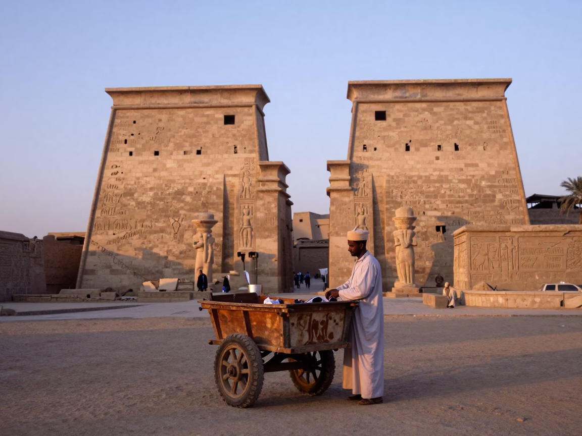 Luxor Egypt Nautical Dawn Street Scene with Local Vendor and Vintage Motorcycle in in Luxor, Egypt