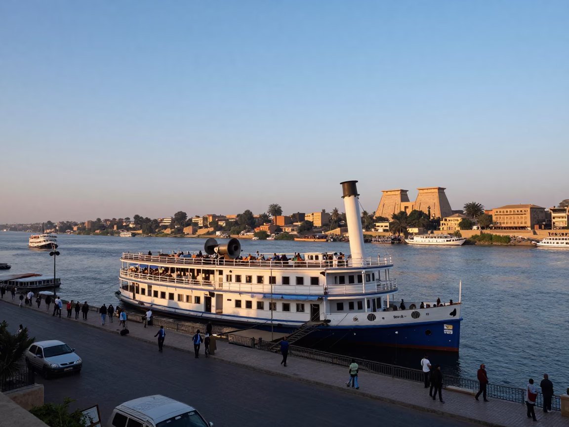 Luxor Egypt Nautical Dawn Street Scene with Steamboat Calliope and Local Life in in Luxor, Egypt