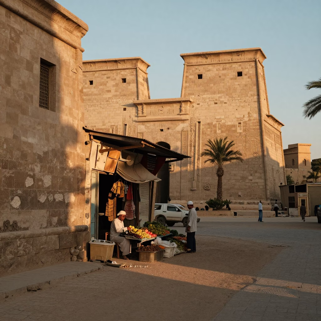 Luxor Egypt Nautical Dawn Street Scene with Stone Facades and Local Activity in in Luxor, Egypt