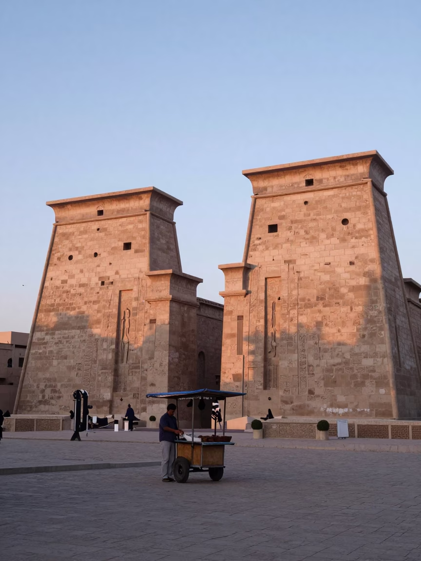 Luxor Egypt Nautical Dawn Street Scene with Stone Facades and Local Commerce in in Luxor, Egypt