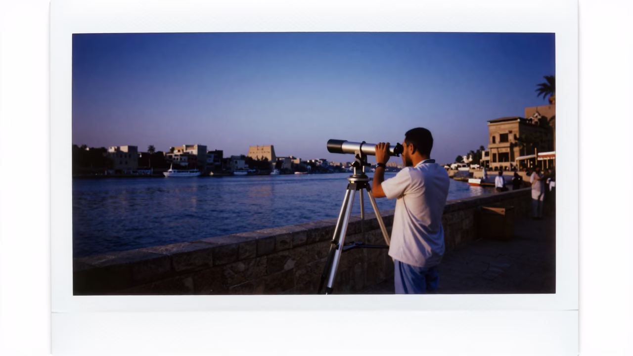 Luxor Egypt Nautical Dawn Street Scene with Telescope and Local Interaction in in Luxor, Egypt