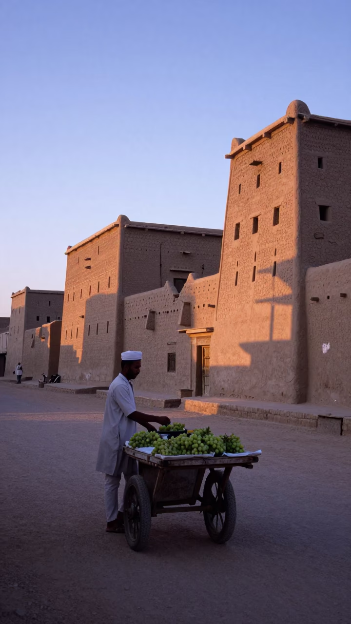 Luxor Egypt Nautical Dawn Street Scene With Traditional Mudbrick Architecture And Local Market Activity in in Luxor, Egypt