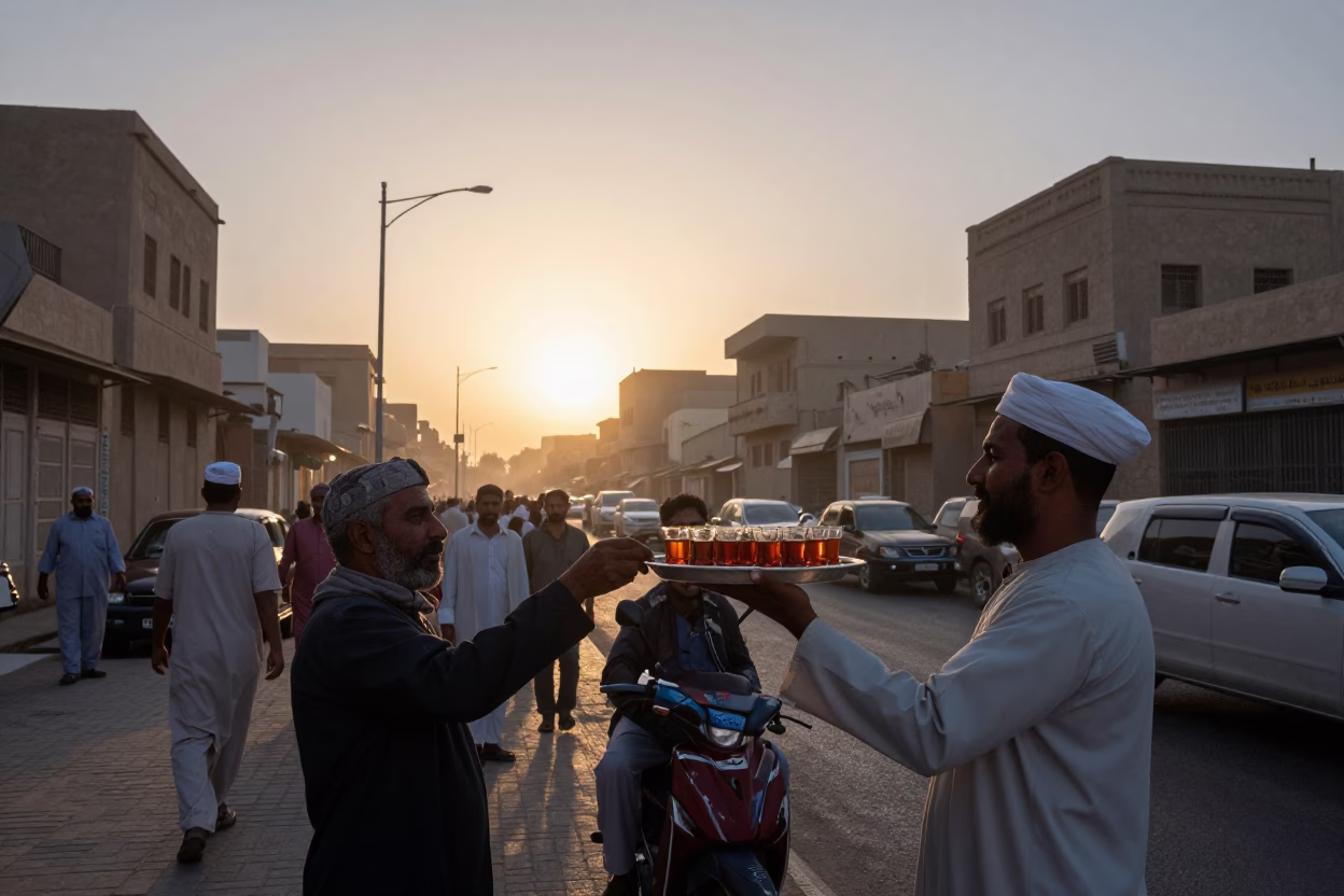 Luxor Egypt Nautical Dawn Street Scene with Traveler and Traditional Tea in in Luxor, Egypt