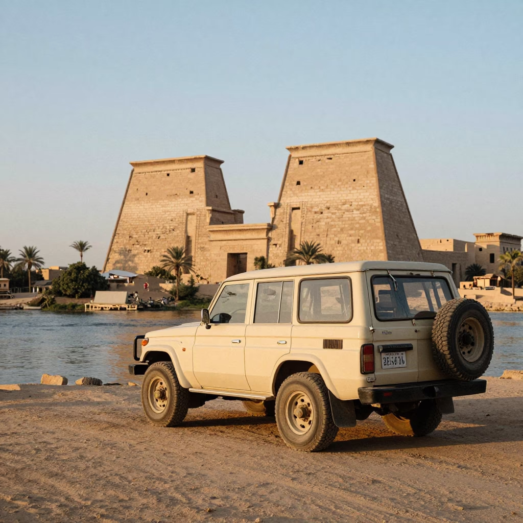Luxor Egypt Nautical Dawn Street Scene with Vintage Off-Road Safari Vehicle in in Luxor, Egypt
