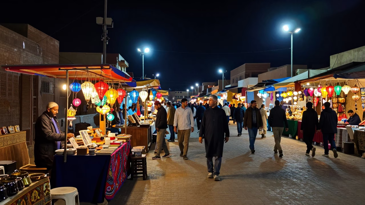 Luxor Egypt Night Market Scene with Colorful Lanterns and Local Vendors in in Luxor, Egypt