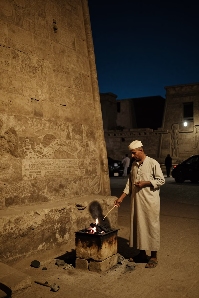 Luxor Egypt Night Street Scene with Charcoal Stick and Stone Architecture in in Luxor, Egypt