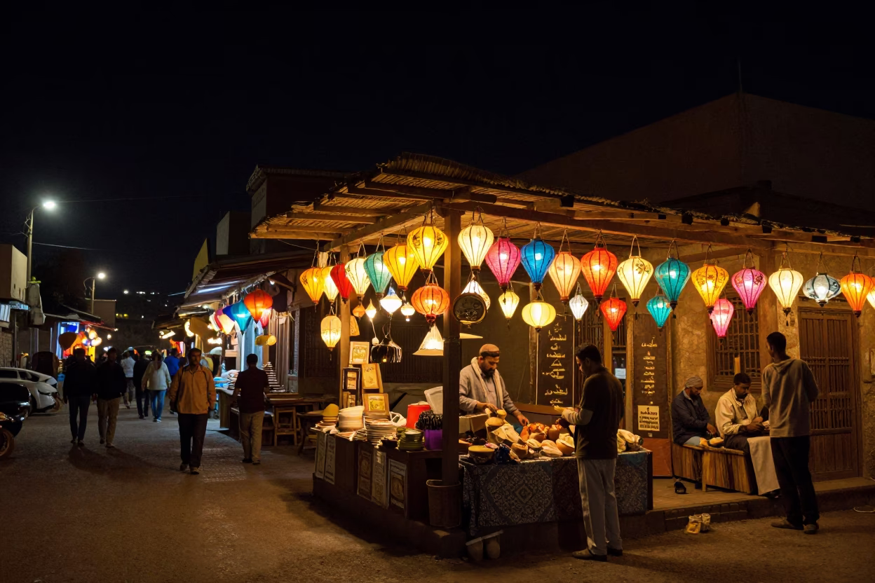Luxor Egypt Night Street Scene with Colorful Lanterns and Local Life in in Luxor, Egypt