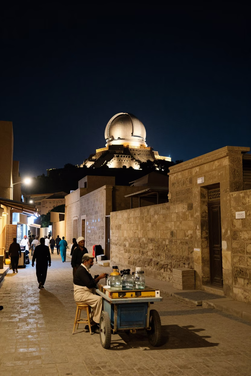 Luxor Egypt night street scene with stone observatory hilltop under deep sky in in Luxor, Egypt