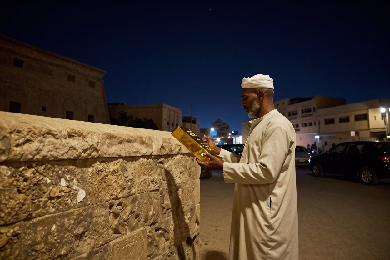Luxor Egypt Night Street Scene with Vendor and Gold Bar Under Starry Sky in in Luxor, Egypt