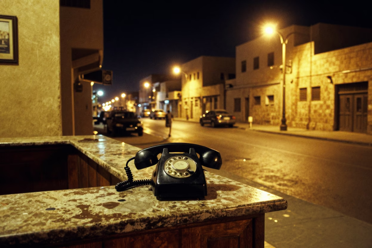 Luxor Egypt night street scene with vintage Bakelite telephone and local interaction in in Luxor, Egypt