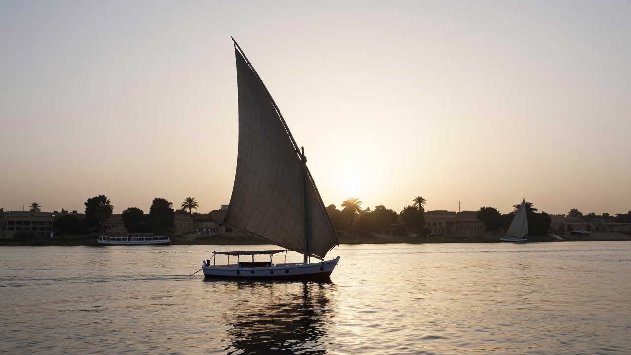 Luxor Egypt Nile River Morning Light Dhow Sailing Silhouettes Sunrise in in Luxor, Egypt