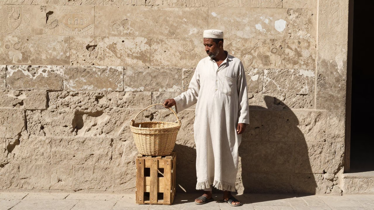 Luxor Egypt noon light linen bucket fringe and local street life in in Luxor, Egypt