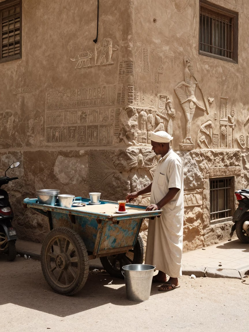 Luxor Egypt Noon Street Scene with Metal Bucket and Tea Stains in in Luxor, Egypt