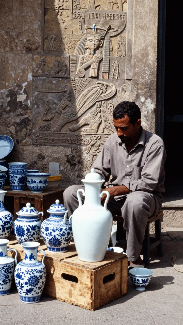 Luxor Egypt Noon Street Scene with Porcelain Jar and Cup in in Luxor, Egypt