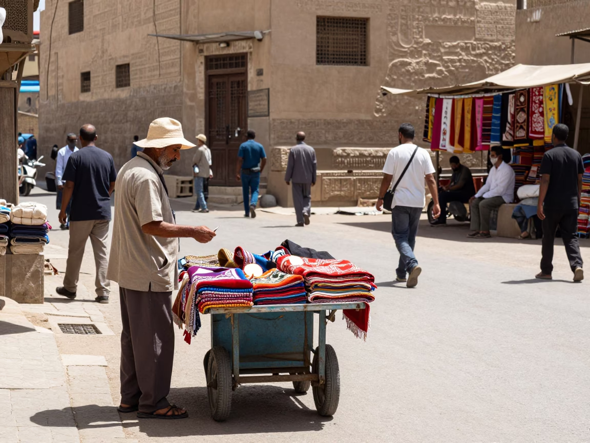 Luxor Egypt Noon Street Scene with Tourist and Vendor Interaction in in Luxor, Egypt