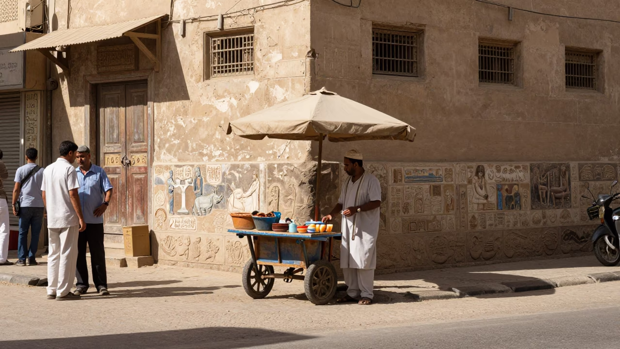 Luxor Egypt noon street scene with tourists and vendor under umbrellas in in Luxor, Egypt
