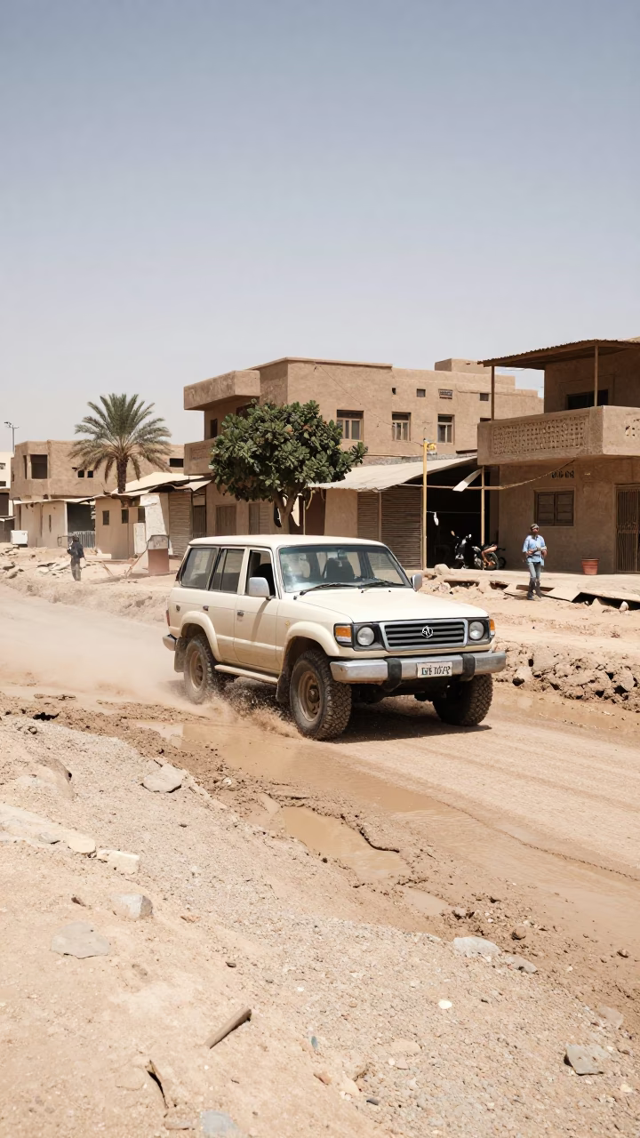 Luxor Egypt Noon Street Scene with Vintage SUV and Local Market Activity in in Luxor, Egypt
