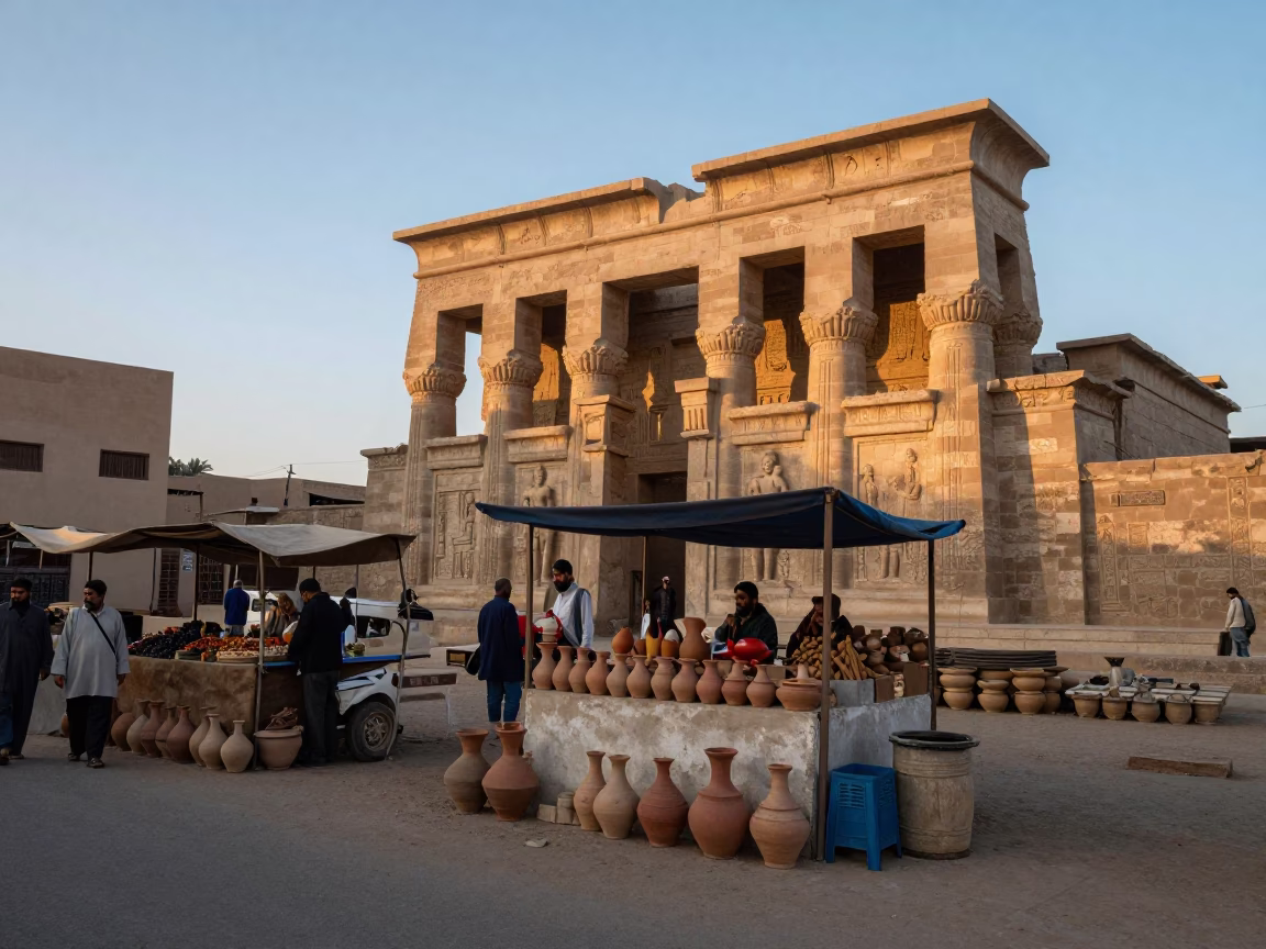 Luxor Egypt Pre-Dawn Market Stall with Clay Pots and Local Commerce in in Luxor, Egypt
