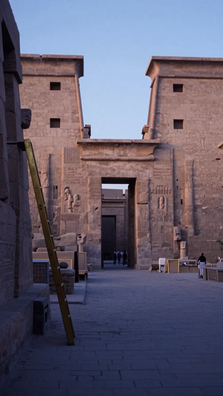 Luxor Egypt Pre-Dawn Street Scene with Brass Ladder and Stone Architecture in in Luxor, Egypt