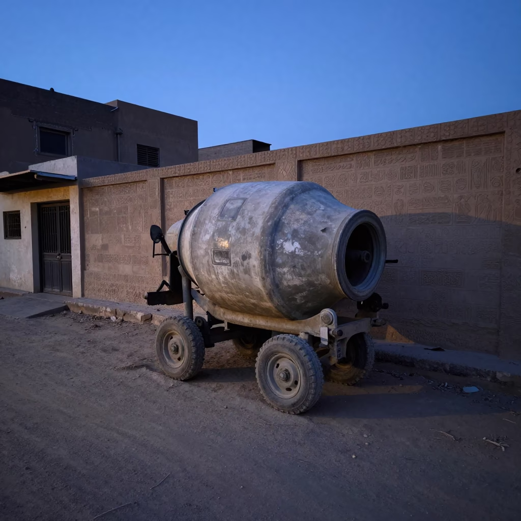Luxor Egypt pre-dawn street scene with cement mixer and local vendor in in Luxor, Egypt