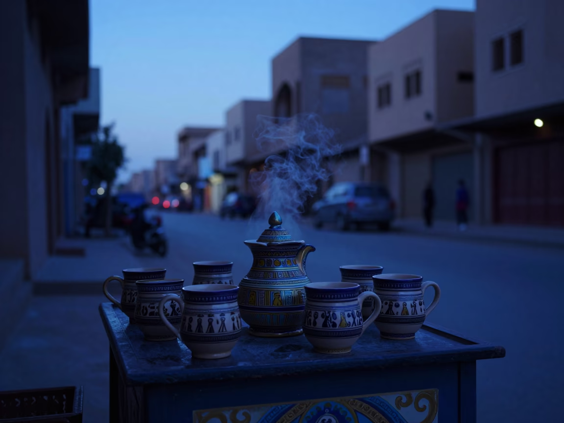 Luxor Egypt Pre-Dawn Street Scene with Ceramic Mugs and Traditional Tea Service in in Luxor, Egypt