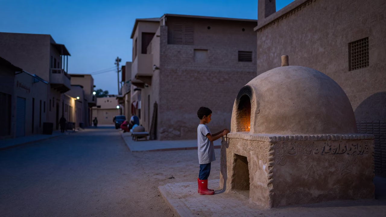 Luxor Egypt Pre-Dawn Street Scene with Child and Traditional Clay Oven in in Luxor, Egypt