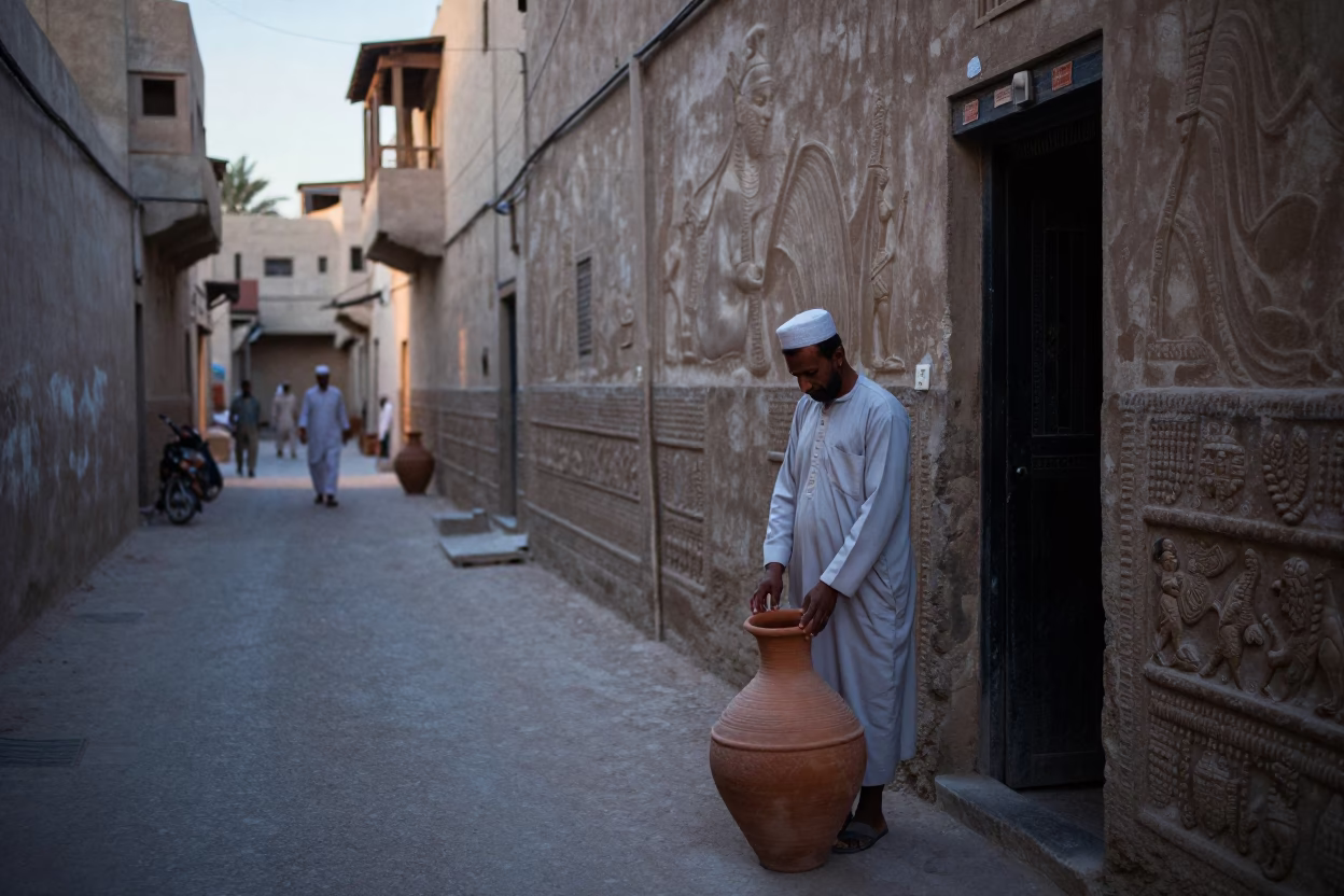 Luxor Egypt Pre-Dawn Street Scene with Clay Jar and Traditional Architecture in in Luxor, Egypt