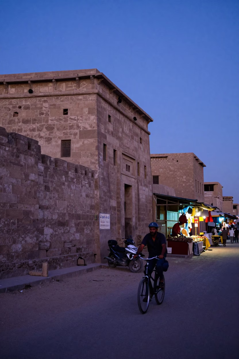 Luxor Egypt Pre-Dawn Street Scene with Cyclist and Local Market Activity in in Luxor, Egypt