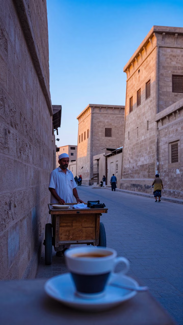Luxor Egypt Pre-Dawn Street Scene with Espresso Cup and Local Morning Activity in in Luxor, Egypt