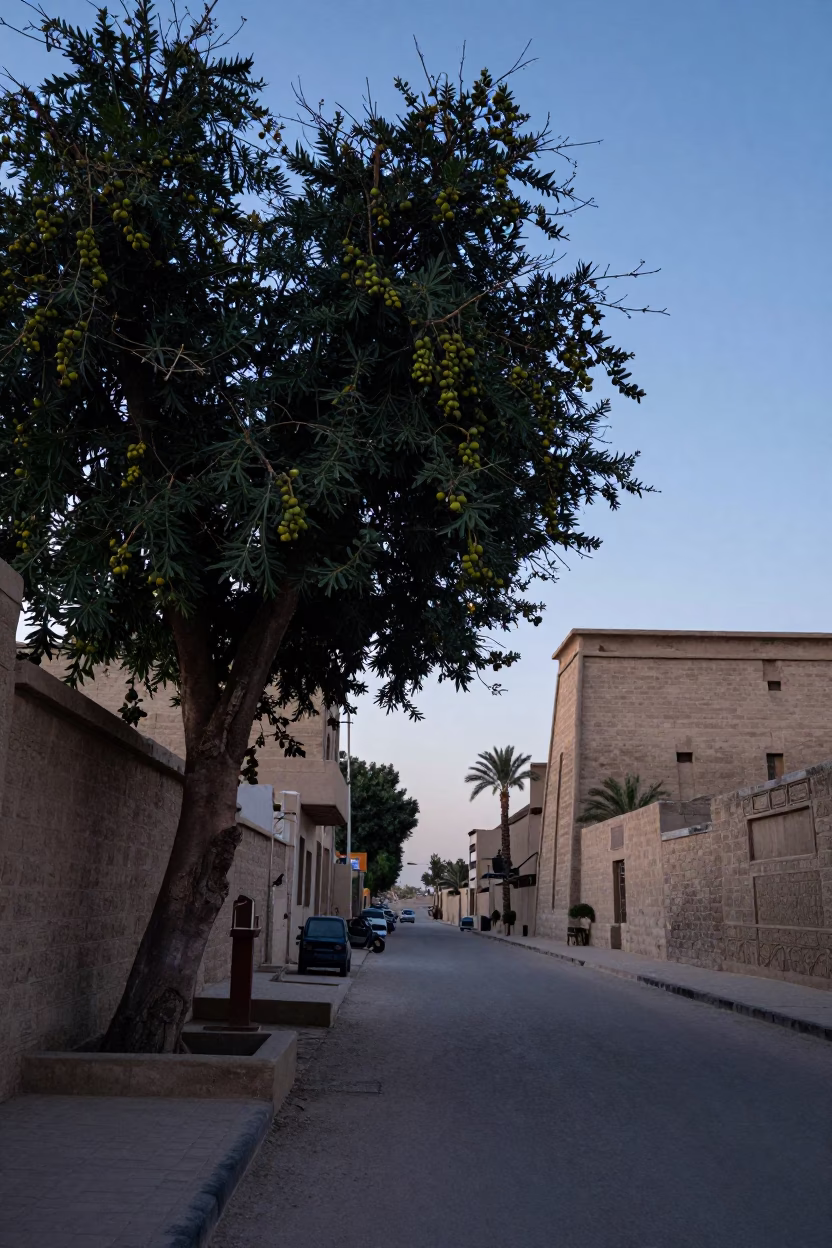 Luxor Egypt Pre-Dawn Street Scene with Fig Tree and Local Market Activity in in Luxor, Egypt