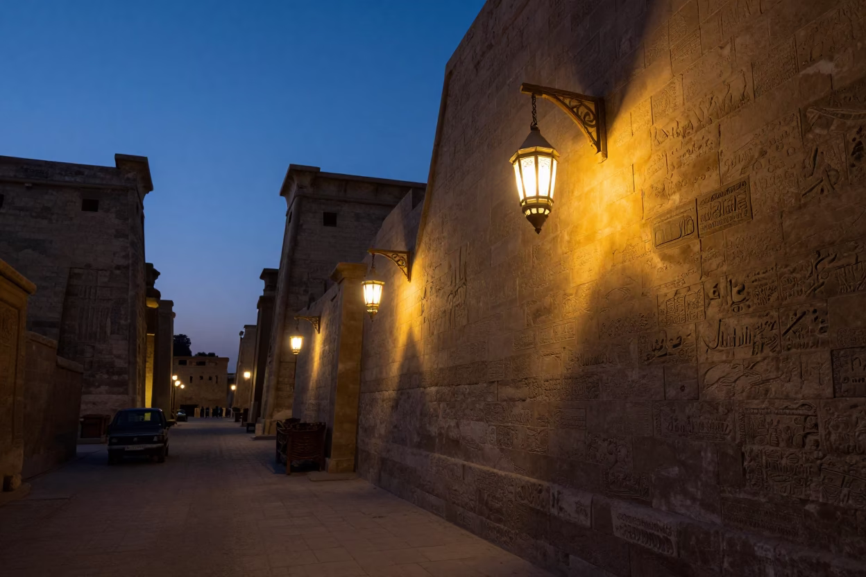 Luxor Egypt pre-dawn street scene with hanging lantern and wall hook in in Luxor, Egypt