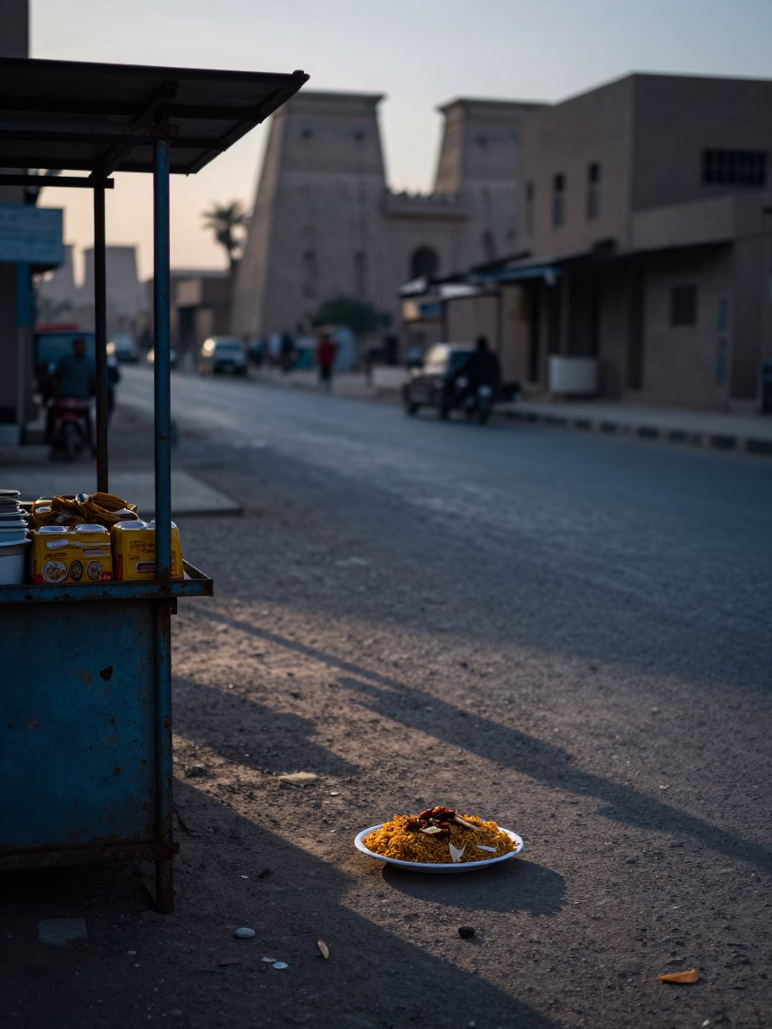 Luxor Egypt pre-dawn street scene with koshari plate and shadow details in in Luxor, Egypt