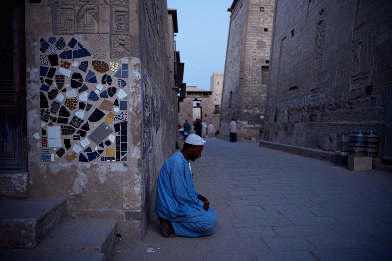 Luxor Egypt Pre-Dawn Street Scene with Mosaic Tile Fragments and Local Artisan Work in in Luxor, Egypt