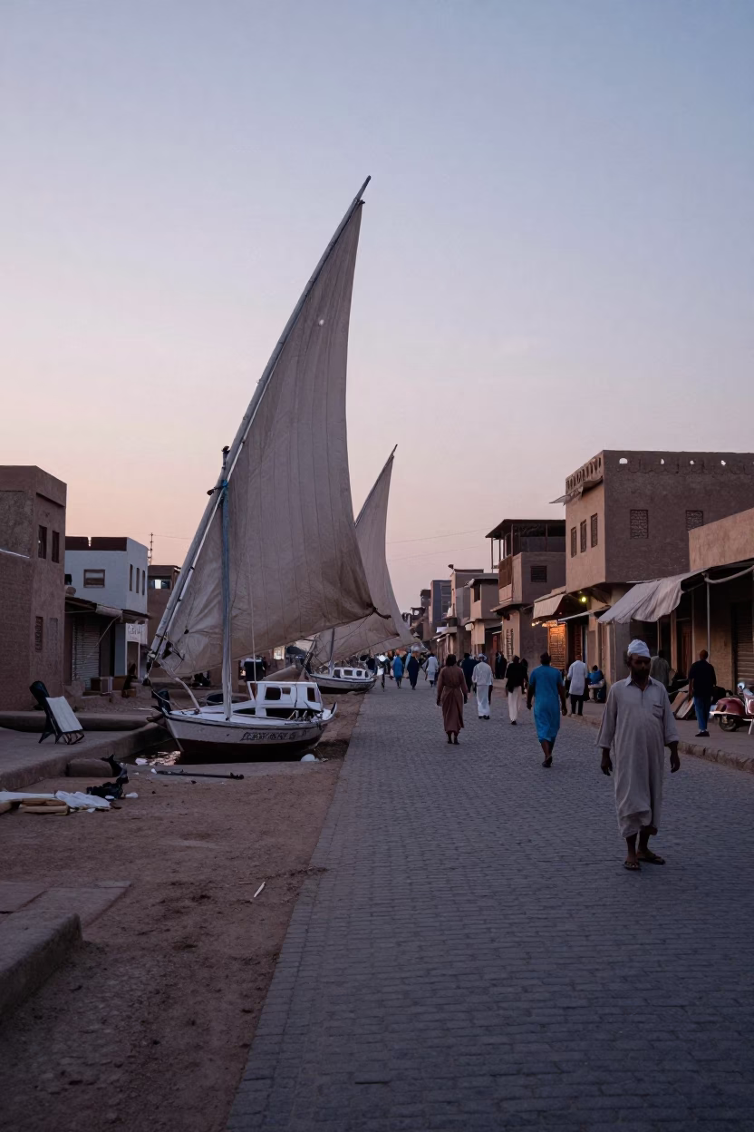 Luxor Egypt Pre-Dawn Street Scene with Traditional Felucca and Local Artisans in in Luxor, Egypt