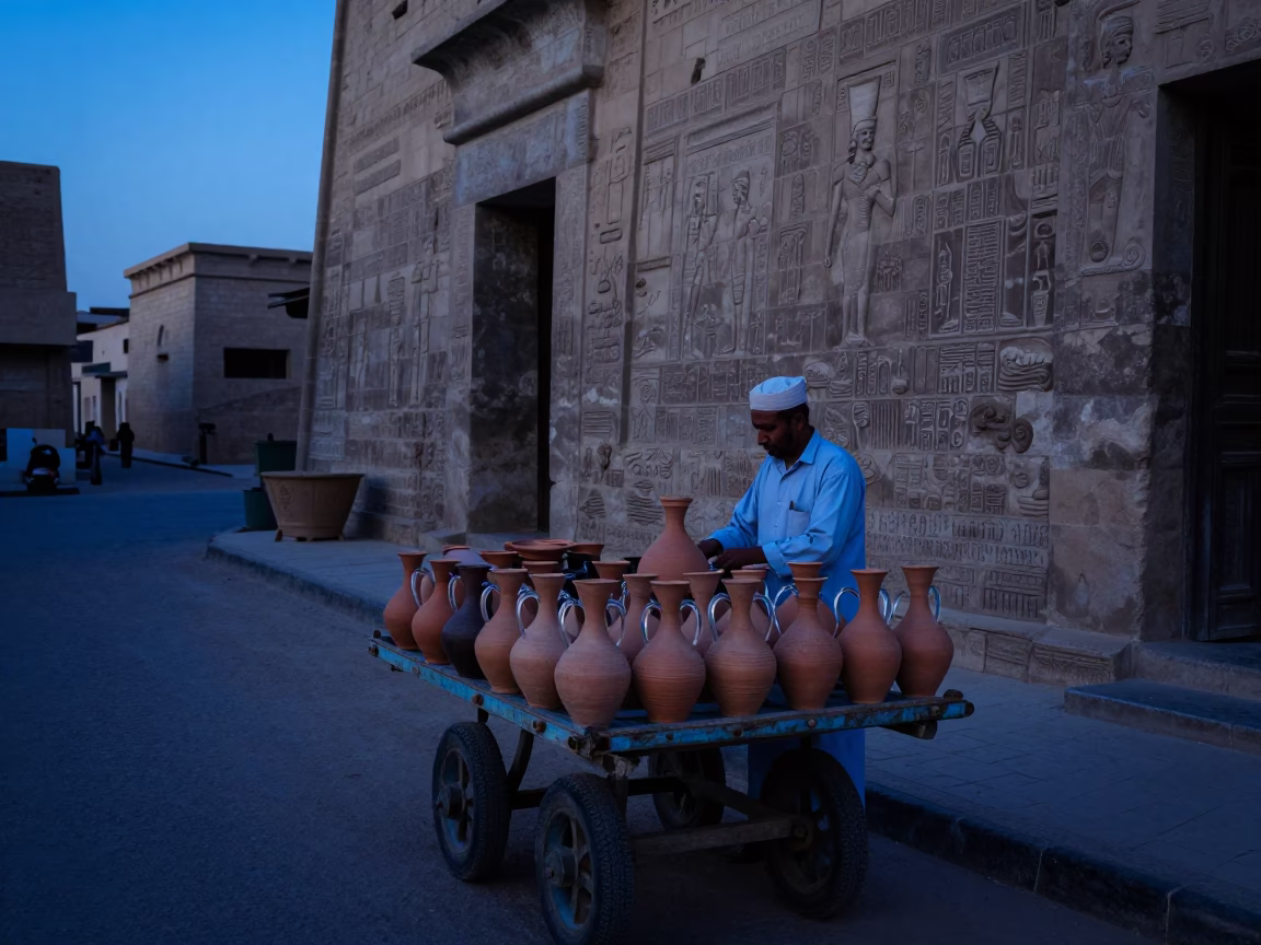 Luxor Egypt Pre-Dawn Street Scene with Traditional Pottery and Stone Architecture in in Luxor, Egypt