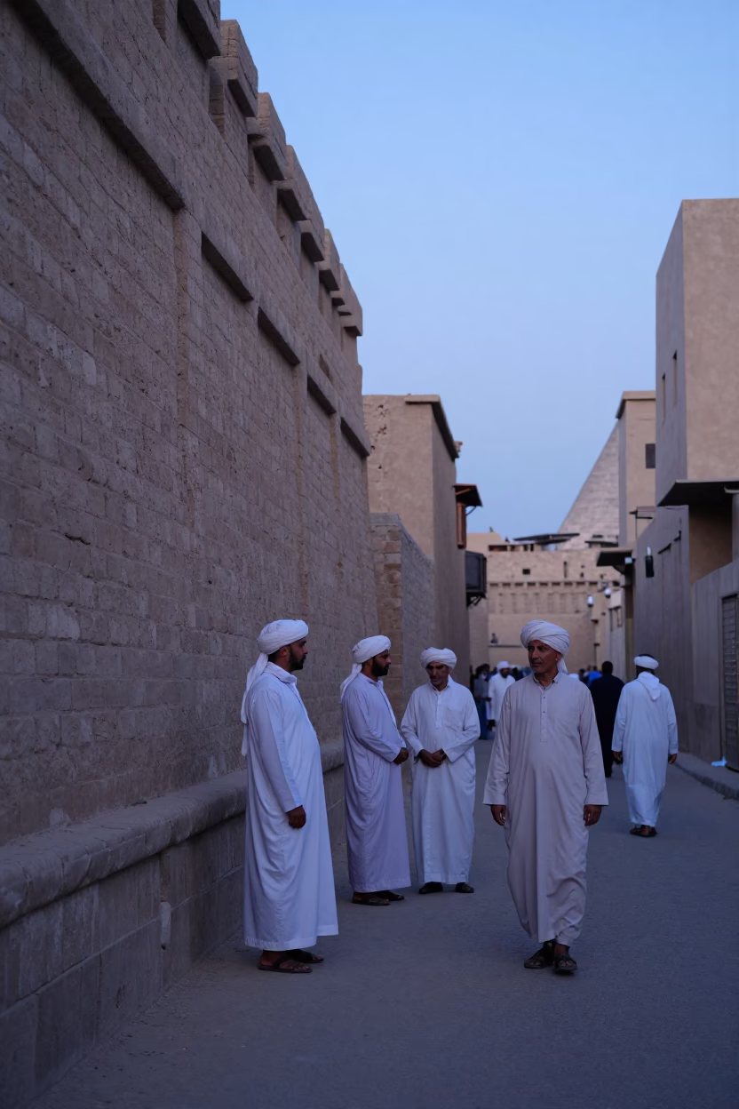 Luxor Egypt Pre-Dawn Street Scene with Traditional White Turbans and Sandstone Architecture in in Luxor, Egypt