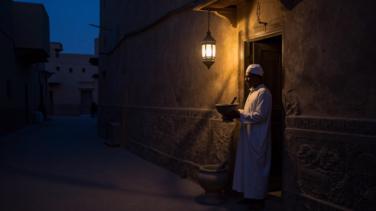 Luxor Egypt Predawn Street Scene with Lantern and Mortar Pestle in in Luxor, Egypt