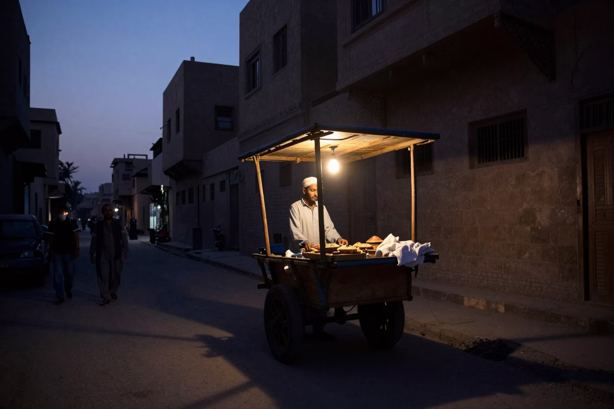 Luxor Egypt Predawn Street Scene With Local Vendor And Traditional Items in in Luxor, Egypt