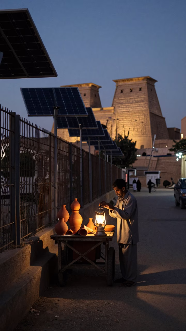 Luxor Egypt predawn street scene with solar array fence and local vendor in in Luxor, Egypt