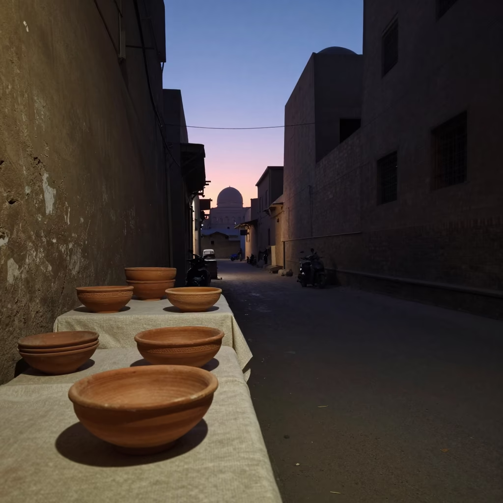 Luxor Egypt predawn street scene with terracotta bowls and linen fringe in in Luxor, Egypt