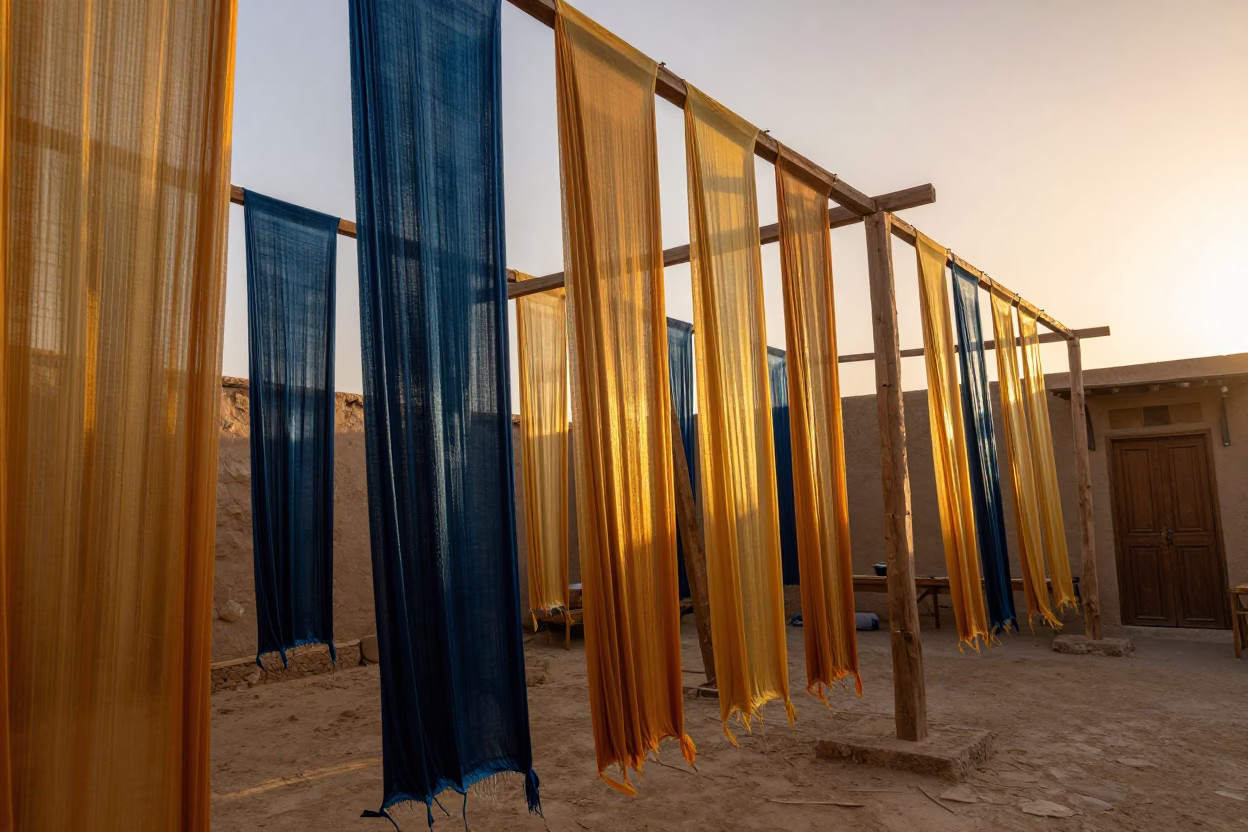 Luxor Egypt Silk Dyeing Workshop with Hanging Fabric in Honeyed Evening Light in in Luxor, Egypt
