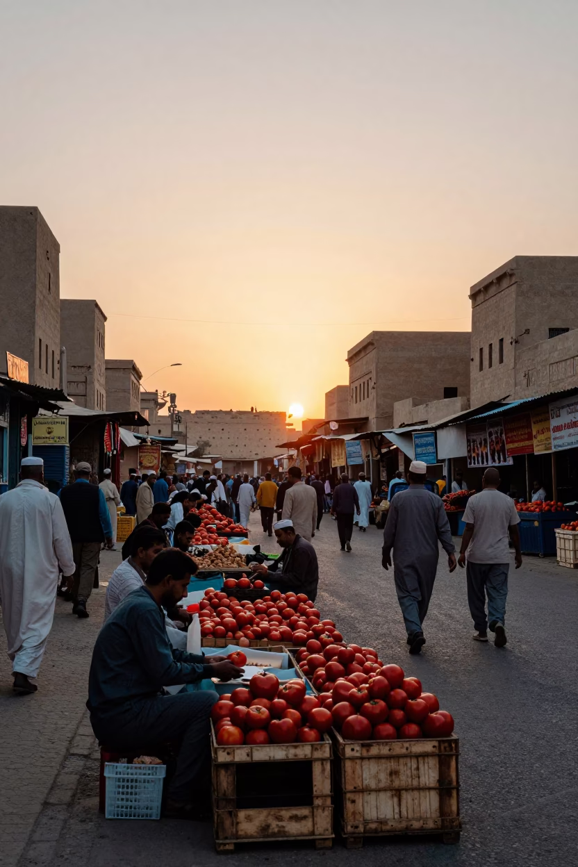 Luxor Egypt street market scene at sunset with locals and produce in in Luxor, Egypt
