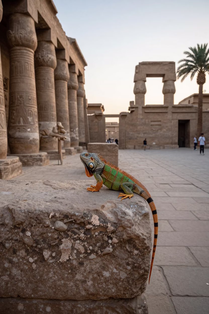 Luxor Egypt Street Scene After Sunrise With Iguana And Prickly Pear Cactus in in Luxor, Egypt