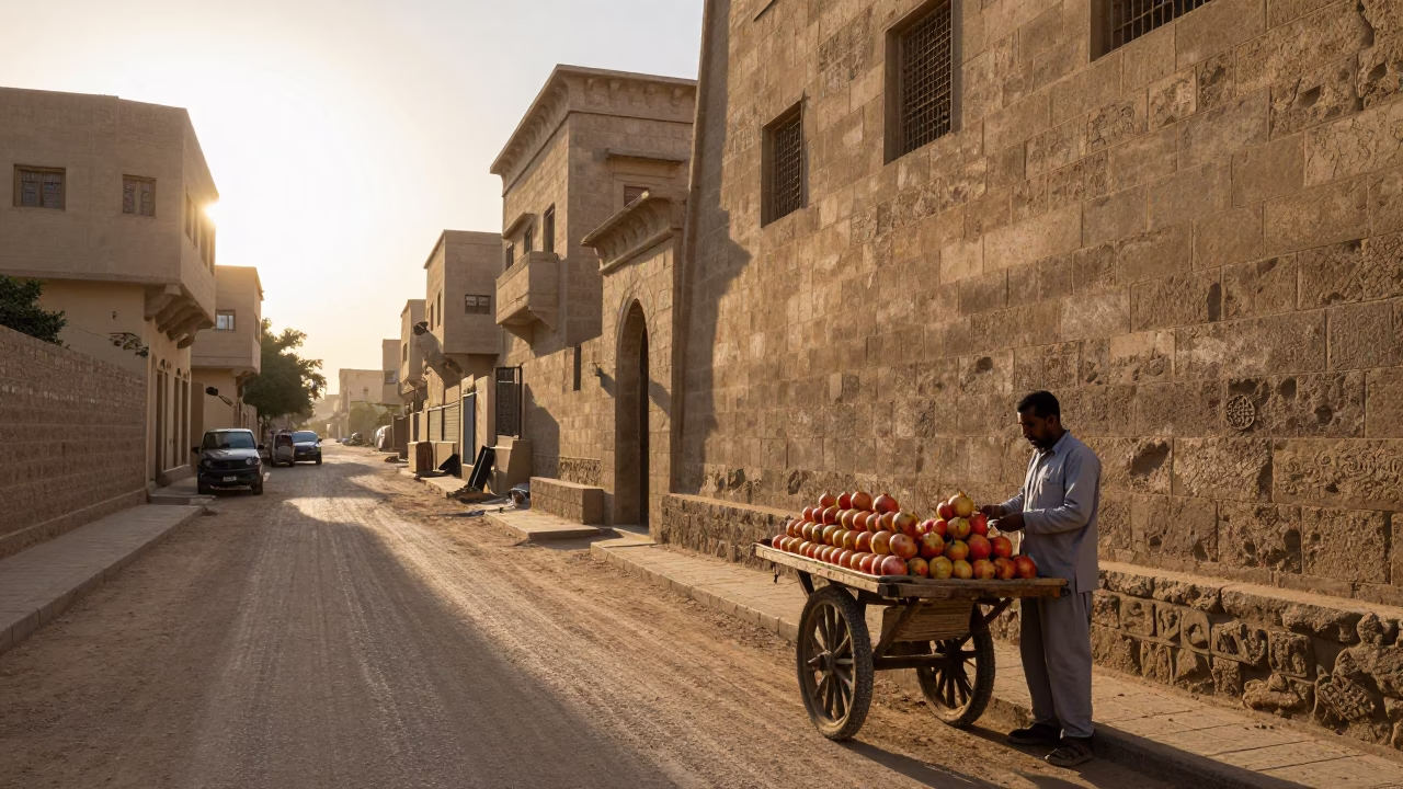 Luxor Egypt street scene after sunrise with local vendor and traditional architecture in in Luxor, Egypt