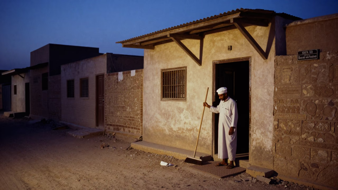 Luxor Egypt Street Scene at Blue Hour with Hand Broom and Doormat in in Luxor, Egypt